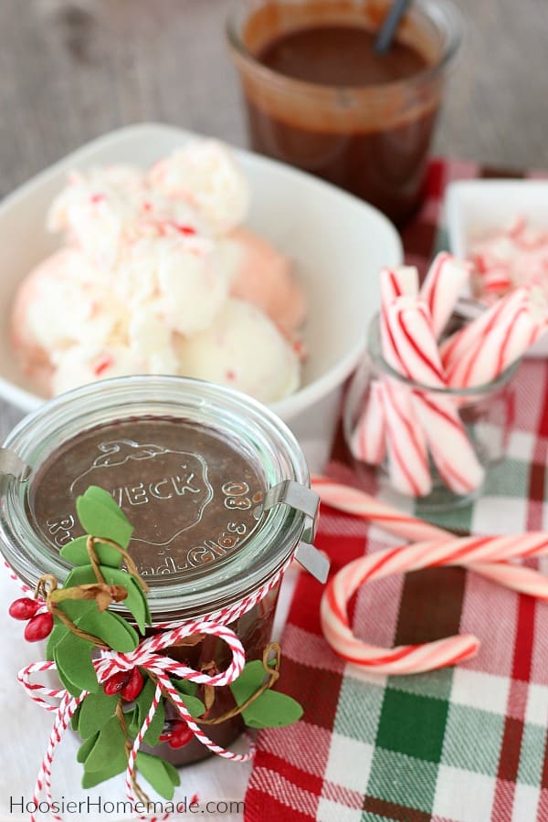 Hot Fudge Recipe in jar decorated for Christmas gift