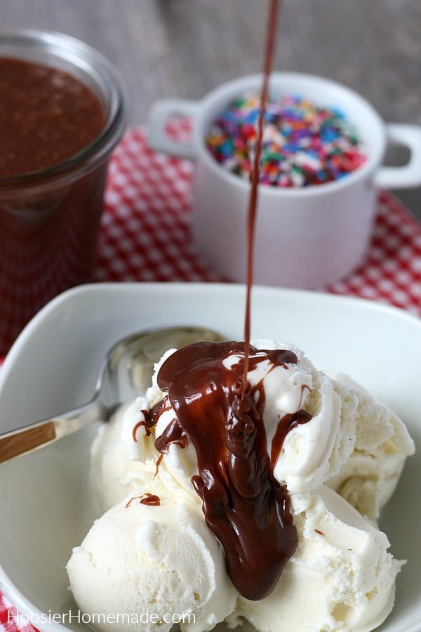 Hot Fudge Recipe drizzling over Ice Cream
