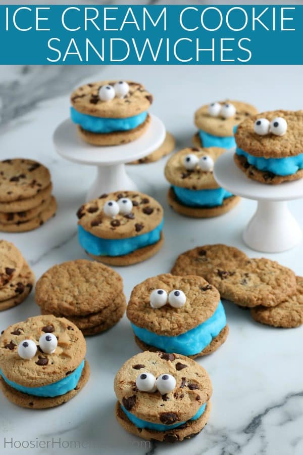 Ice Cream Cookie Sandwich with blue ice cream and eyes for Cookie Monster