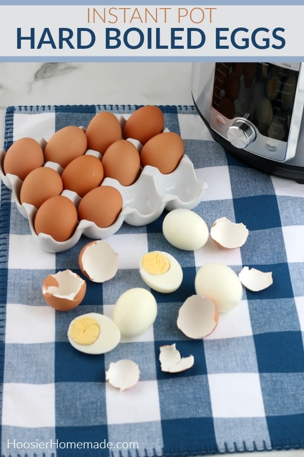 Instant Pot Hard Boiled Eggs peeled on blue napkin