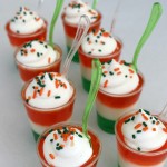Irish Jello Shots - this fun St. Patrick's Day Treat can be made with or without alcohol. A little goes a long way in making these Jello Shots in colors of the Ireland Flag. Pin to your Recipe Board!