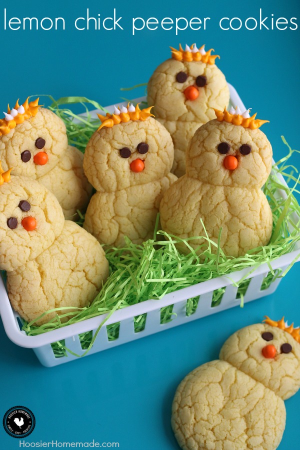 Lemon Chick Peeper Cookies - made with just 3 ingredients plus the face and feathers, these cookies are as fun to make as they are to eat! Perfect for Easter Dessert! Pin to your Recipe Board!