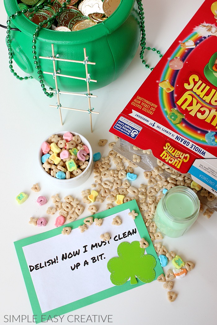 Lucky the Leprechaun has made a mess with green milk and Lucky Charms