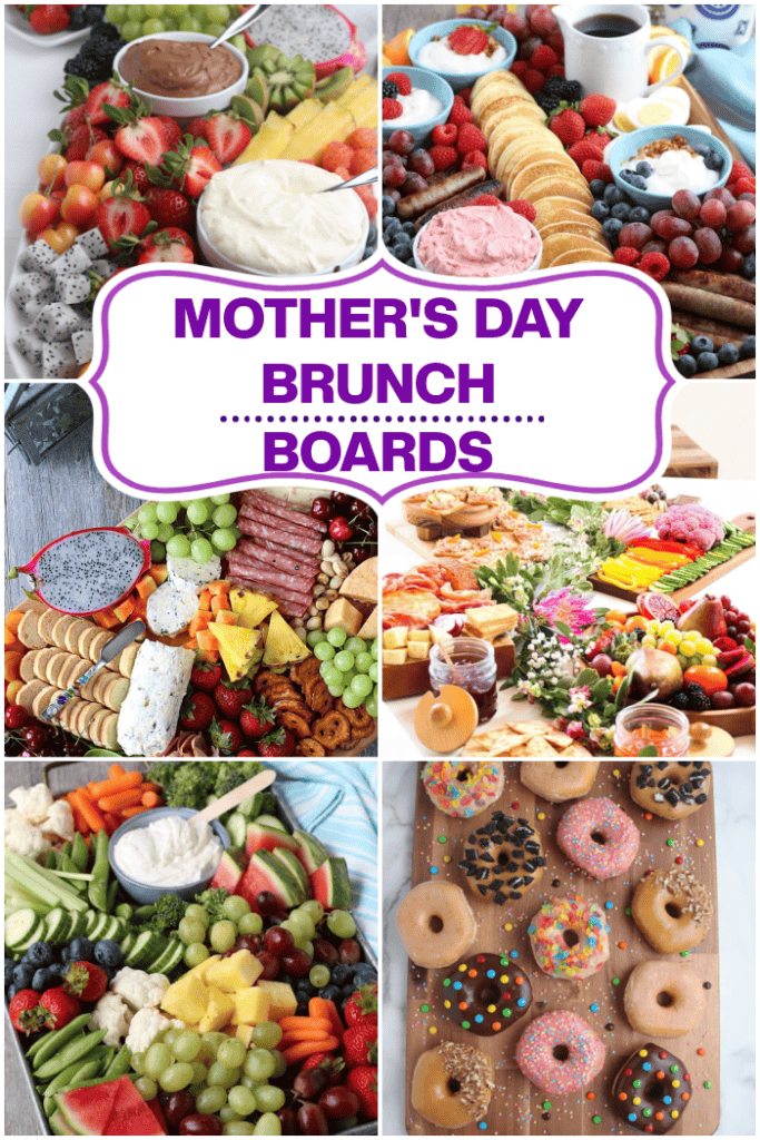 Mother’s Day brunch boards featuring breakfast charcuterie board with pancakes and fruit, fruit board with dips, veggie tray, donut board, and grazing board ideas