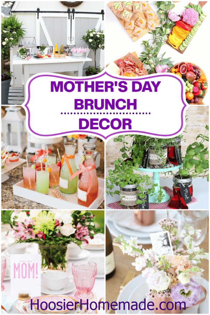 Mother’s Day brunch decor ideas with buffet table setup, charcuterie board, drinks station, mason jar herb centerpieces, and floral table settings