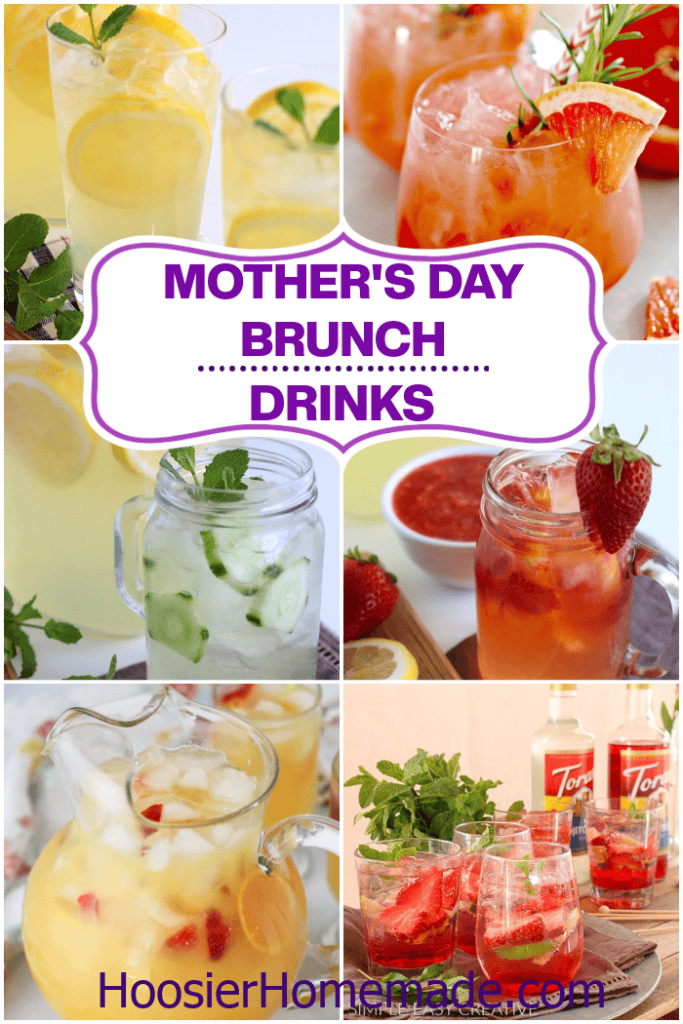 Mother’s Day brunch drinks including lemonade, strawberry mocktails, fruit infused water, and punch in pitchers and mason jars