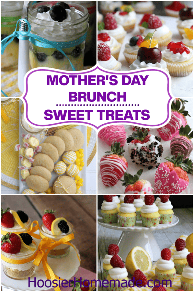 Mother’s Day brunch sweet treats including mini cheesecakes, cupcakes, decorated strawberries, cookies, and layered dessert jars