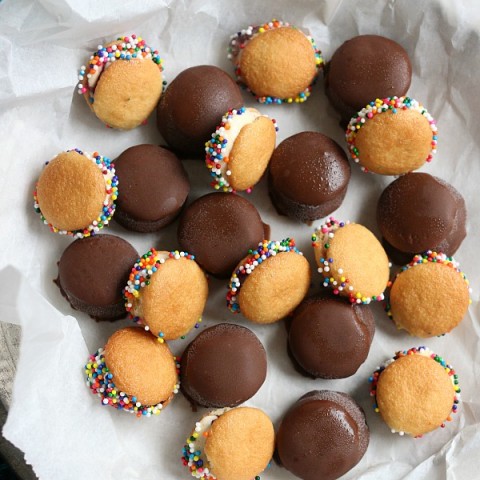 MINI ICE CREAM SANDWICHES -- These bite-size ice cream sandwiches can be put together in minutes! Kids of ALL ages will love them! Dip in chocolate coating, add sprinkles or leave plain!