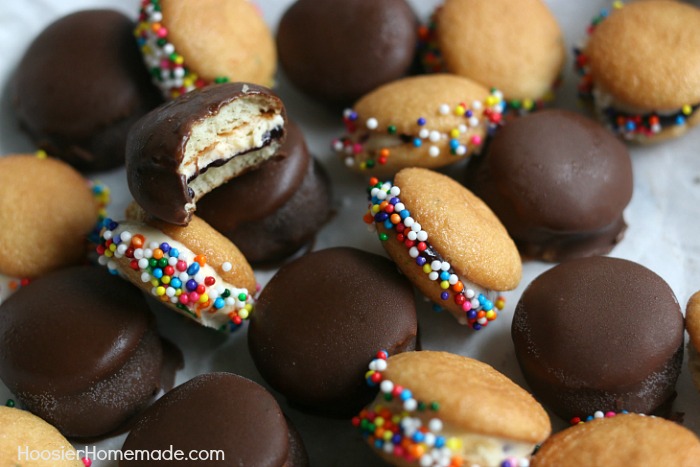 MINI ICE CREAM SANDWICHES -- These bite-size ice cream sandwiches can be put together in minutes! Kids of ALL ages will love them! Dip in chocolate coating, add sprinkles or leave plain! 