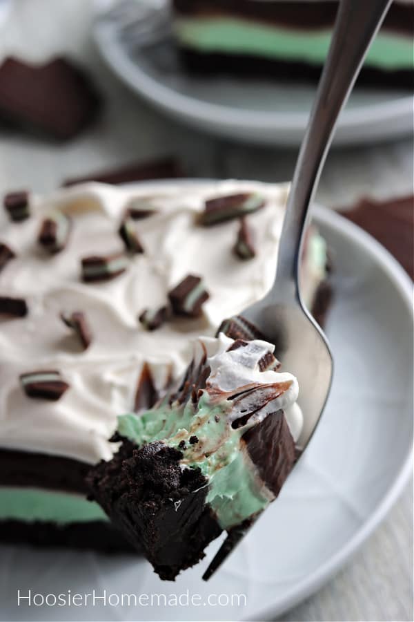 layered mint chocolate dessert on fork