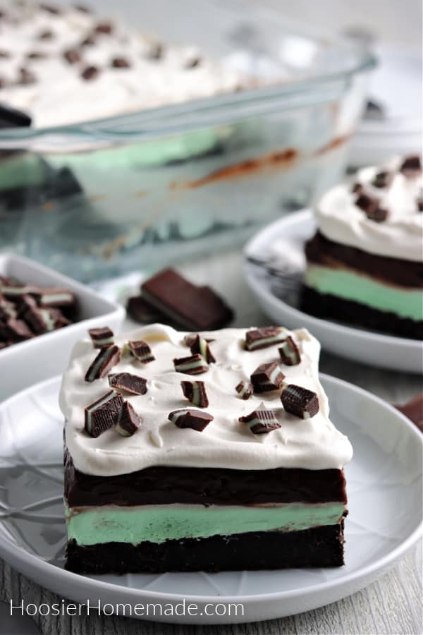 layered chocolate mint dessert on white plate