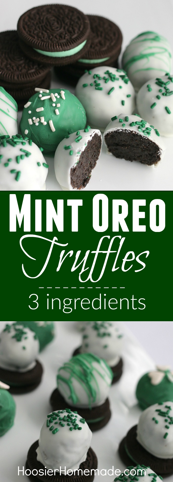 Mint Oreo Truffles - ONLY 3 ingredients is all you need for these delicious St. Patrick's Day treats! The kids will have a blast crushing the Oreos, and helping form the balls. Dip in chocolate coating, add sprinkles and you have a fun treat!