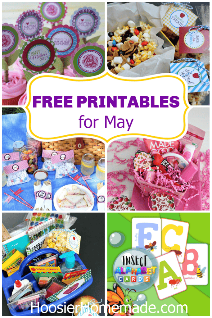 Free May printables including gift tags, party decor, and seasonal activities for spring and celebrations.
