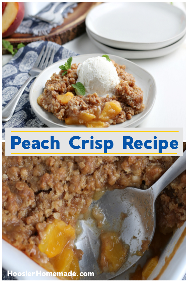 Peach Crisp served with vanilla ice cream on a white plate 