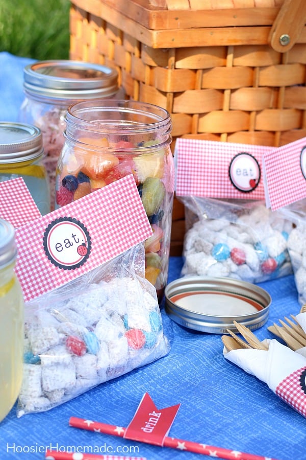 Picnic on blue tablecloth