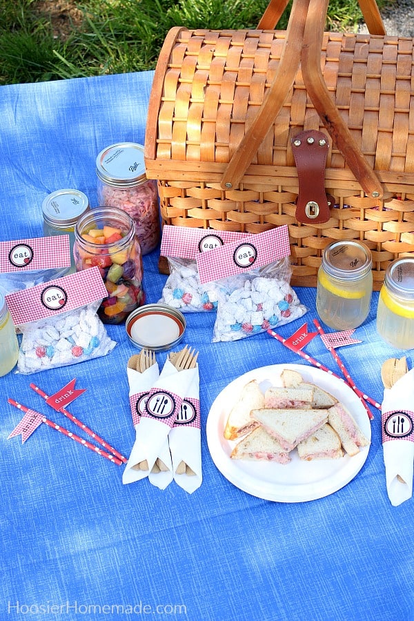 Picnic on blue tablecloth