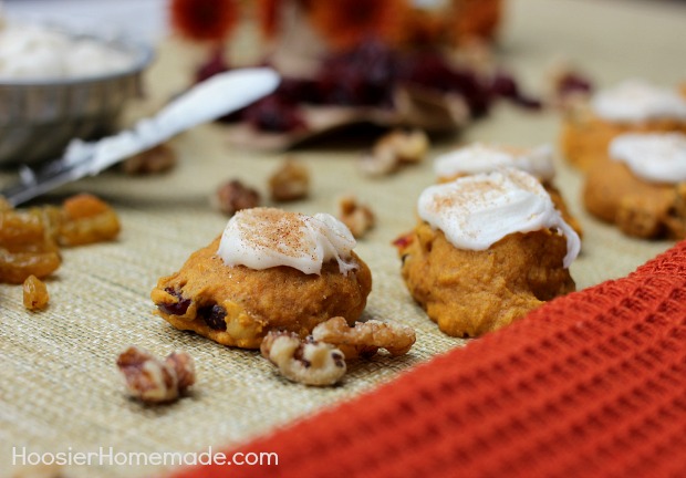 Pumpkin Cranberry Cookies with Maple Frosting :: Recipe on HoosierHomemade.com