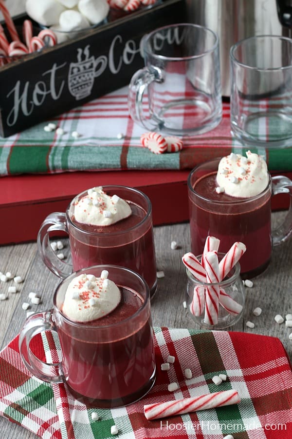 Red Velvet Hot Chocolate in clear mugs