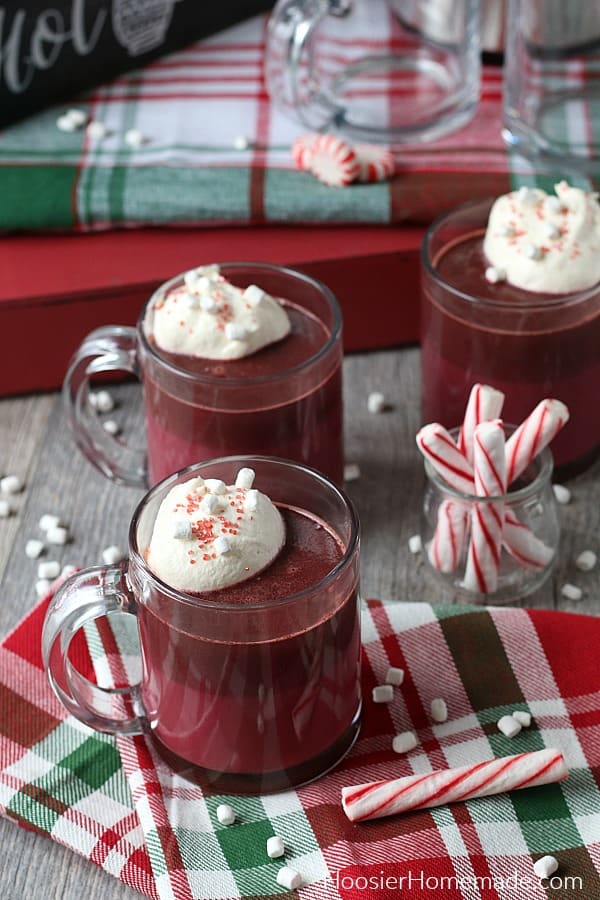 Red Velvet Hot Chocolate in mugs with whip cream