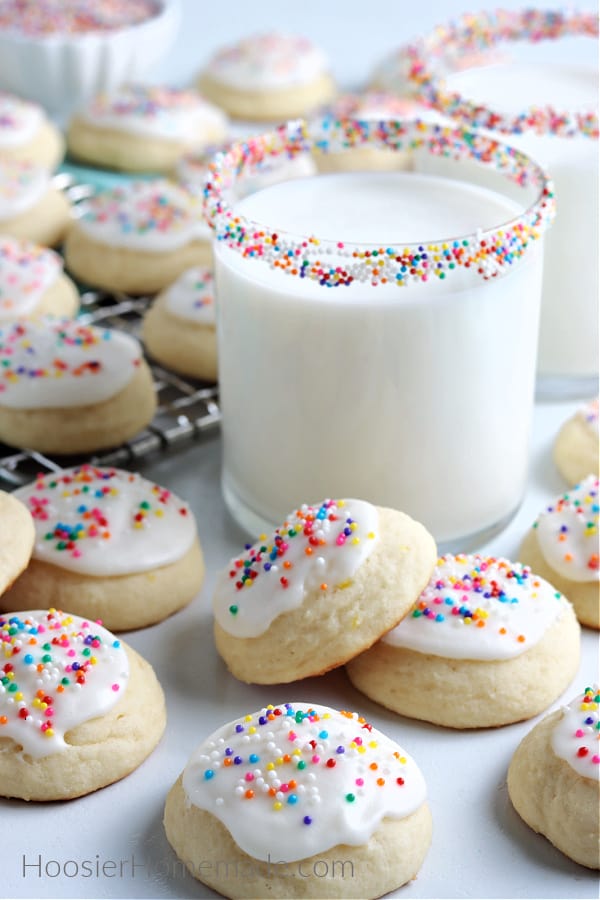 ricotta cookies with rainbow sprinkles and milk