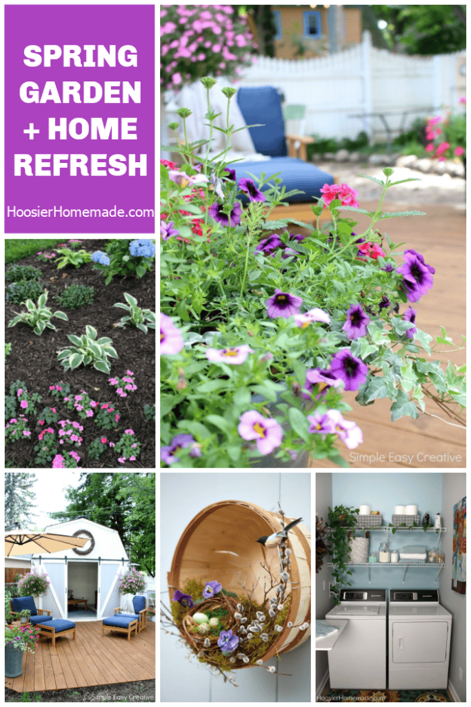 Spring garden and home refresh ideas including flower beds, patio decor, she shed, spring wreath and laundry room organization
