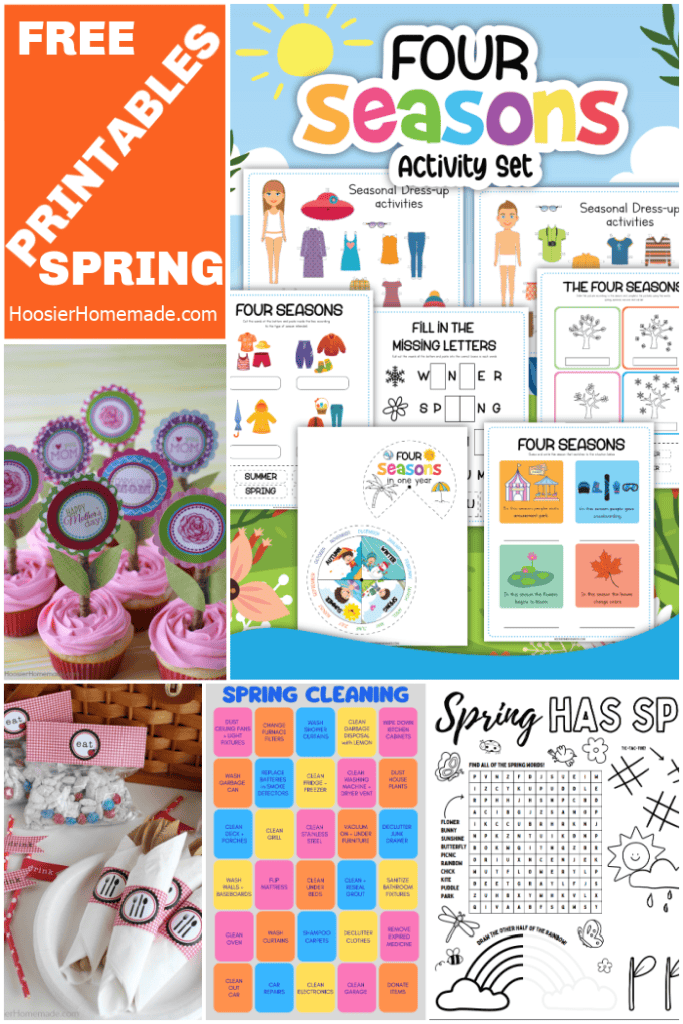 Spring printables for kids and home including activity sheets, cupcake toppers, gift tags and spring cleaning checklist