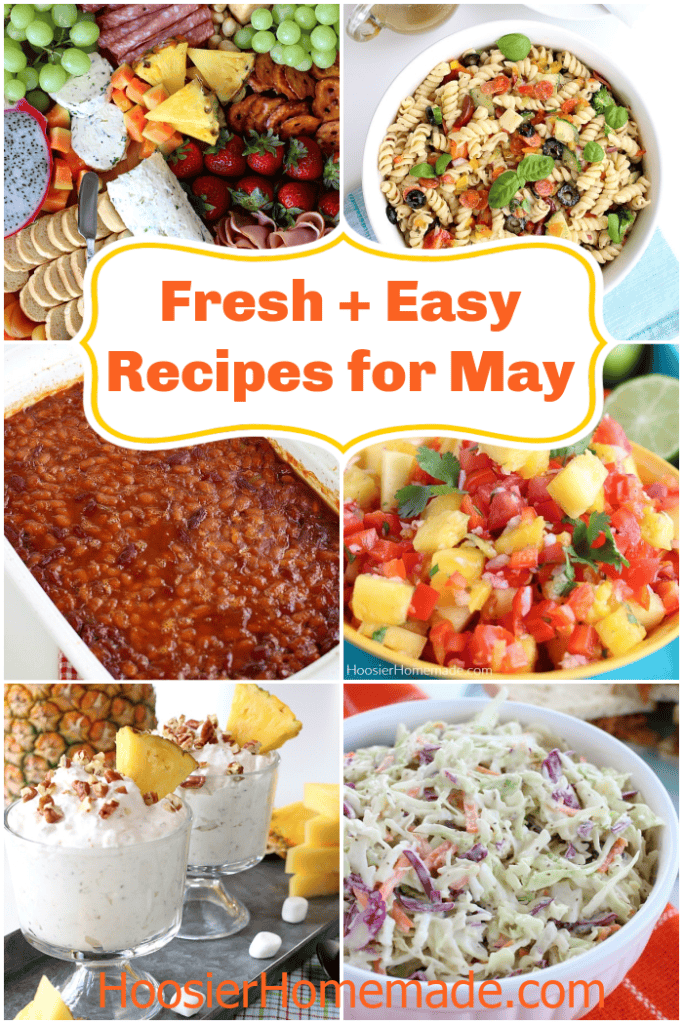 Fresh and easy May recipes including pasta salad, baked beans, coleslaw, and pineapple salsa for spring and summer meals.