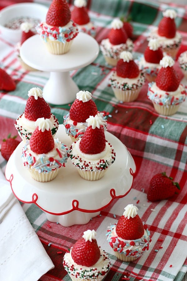 Mini Vanilla Cupcakes decorated with Santa Hats