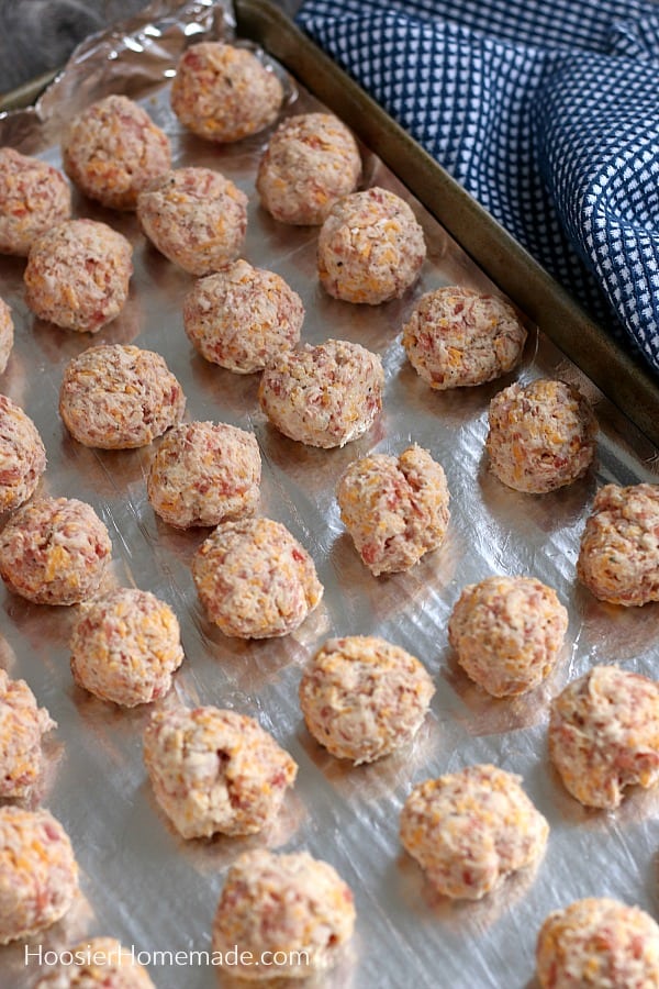 Sausage Balls on cookie sheet ready to bake