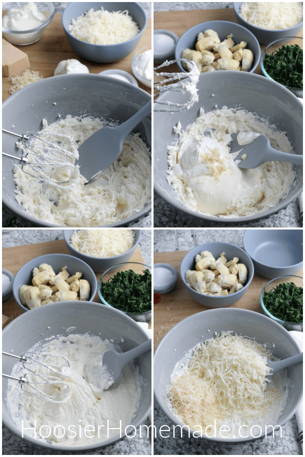 making spinach artichoke dip in gray bowl 