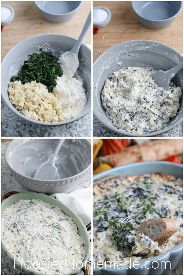 making spinach artichoke in gray bowl