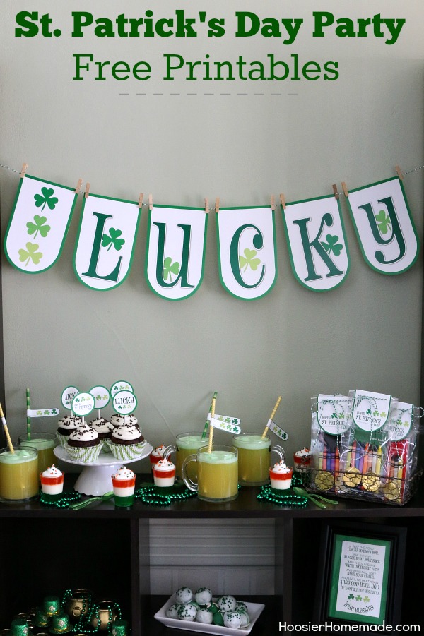 St. Patrick's Day Party Printables - these FREE Printables include a Lucky Banner, Cupcake Toppers, Drinks Flags and Treat Bag Toppers! Pin to your St. Patrick's Day Board!