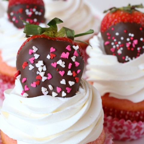Chocolate covered strawberries on top of Strawberry Cupcakes