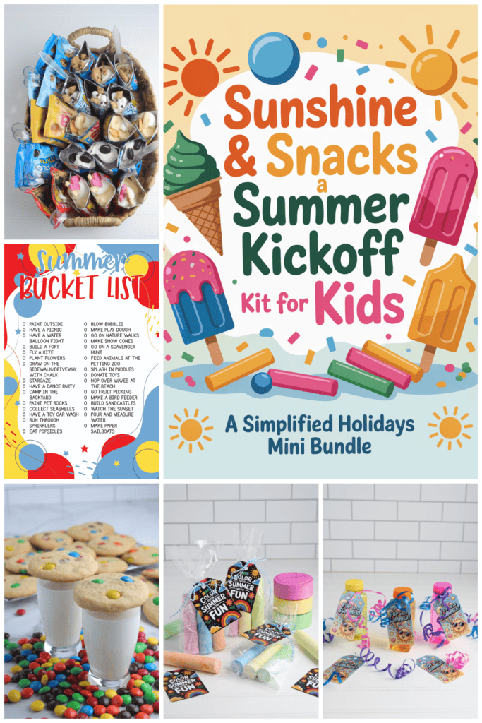 Collage featuring the Sunshine & Snacks Summer Kickoff Kit for Kids, including a printable summer bucket list, chalk gift tags, cookie and milk treats, bubble gifts, and easy snack bag ideas to simplify summer fun for families.