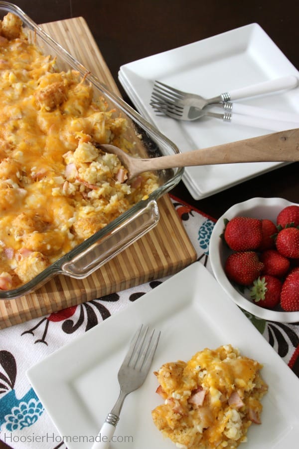 Tater Tot Breakfast Casserole on plate with strawberries