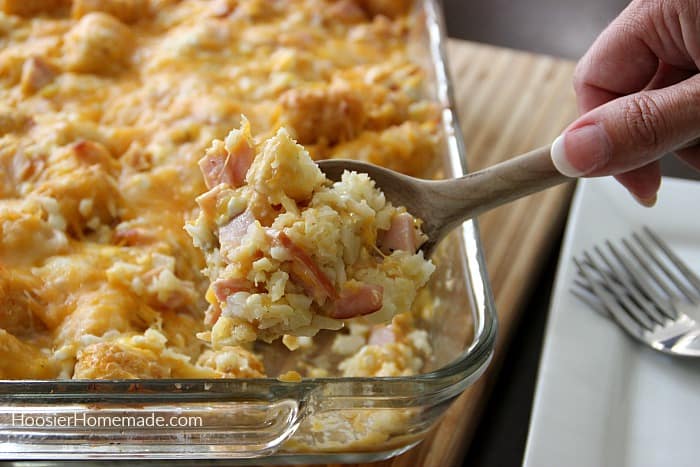 Tater Tot Breakfast Casserole serving with spoon