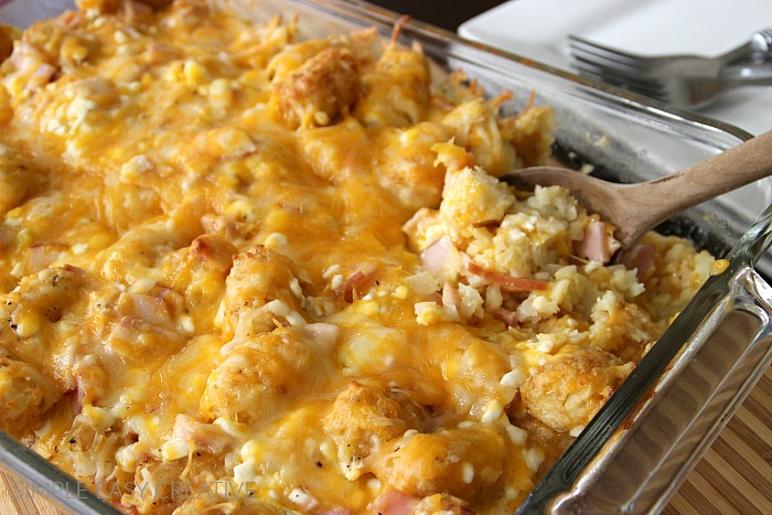 Breakfast Casserole with Tater Tots and Canadian Bacon