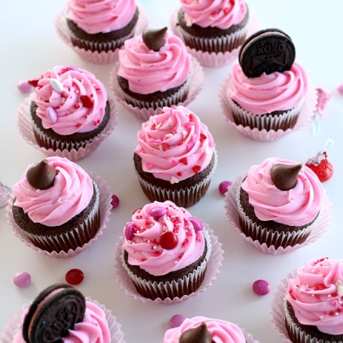 Chocolate Cupcakes with Strawberry Frosting for Valentine's Day Cupcakes