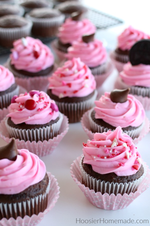 Chocolate Cupcakes with Strawberry Frosting for Valentines Day