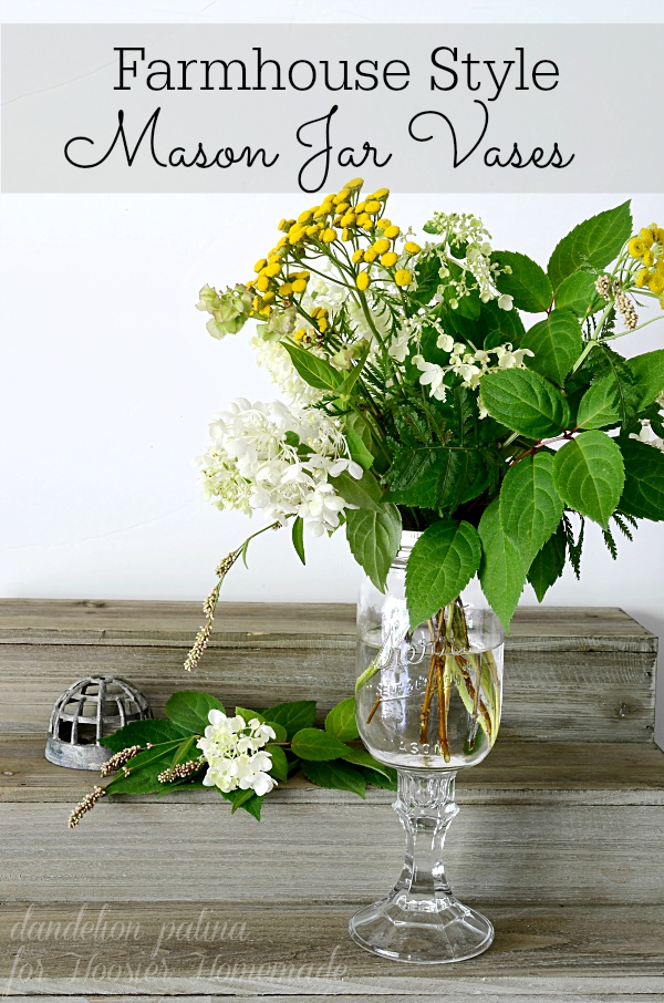 Do you love bringing the outdoors in? These farmhouse style mason jars are the perfect way to arrange those flowers into lovely arrangement for your dining table or desk. This DIY project is by Dandelion Patina for Hoosier Homemade.